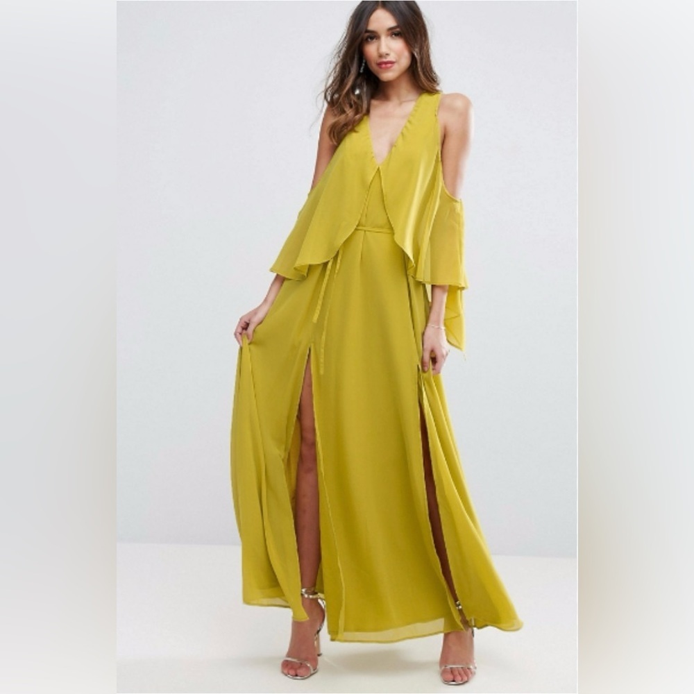 ASOS Chartreuse Mustard Green Maxi Dress Cold Shoulder V-Neck Chiffon Overlay